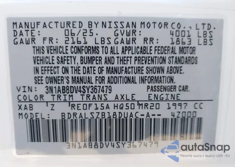2025 Nissan Sentra Sr from USA, damaged, VIN 3N1AB8DV4SY367479